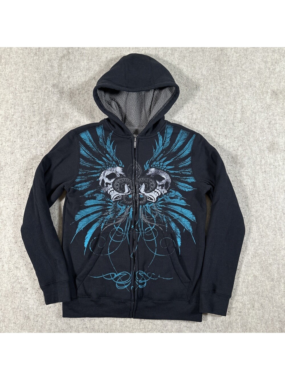 Vintage Calc Hoodie Youth XL Black Skater Y2K Skull Goth Cyber Lined